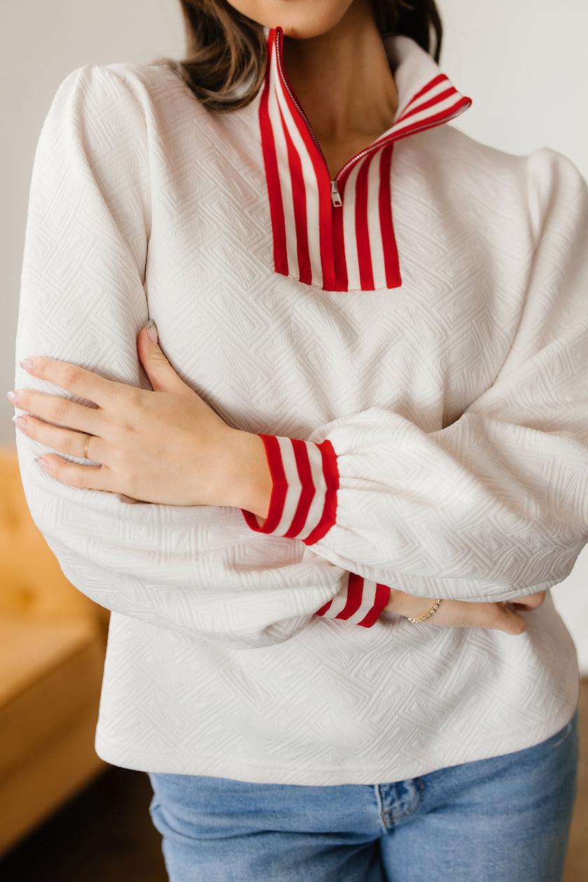 White Textured Knit Contrast Striped Accent Zipped Collar Pullover Top