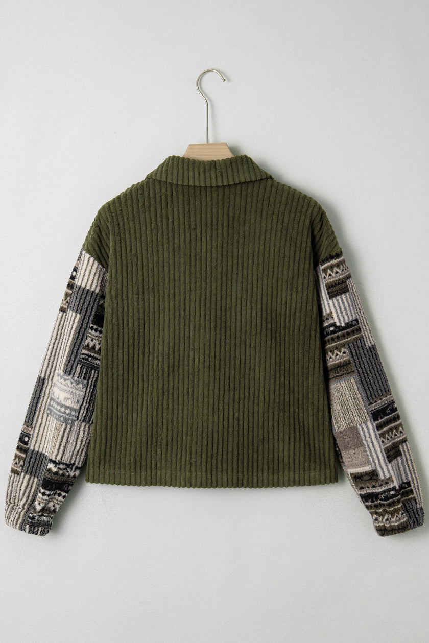 Jungle Green Ribbed Fleece Plaid Print Patchwork Button Up Jacket