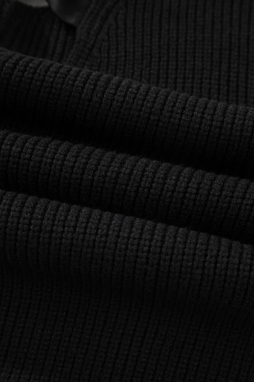 Black Ribbed Knit Ribbon Knot Backless Drop Shoulder Sweater