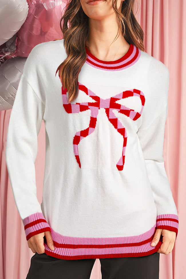 White Striped Trim Bow Graphic Round Neck Drop Shoulder Sweater