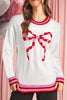 White Striped Trim Bow Graphic Round Neck Drop Shoulder Sweater
