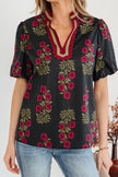 Black Floral Short Bubble Sleeve Contrast Slit Neckline Blouse