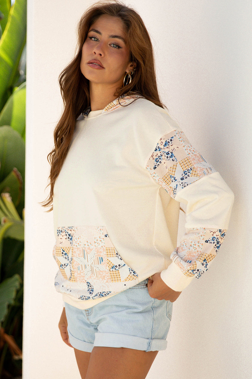 Beige Western Geo Pattern Patchwork Hoodie with Kangaroo Pocket