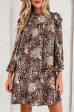 Brown Leopard Ruffled Detail Long Sleeve Loose Mini Dress