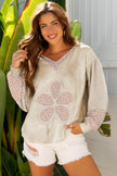 Green Floral Patched Waffle Textured Colorblock V Neck Casual Hooded Top