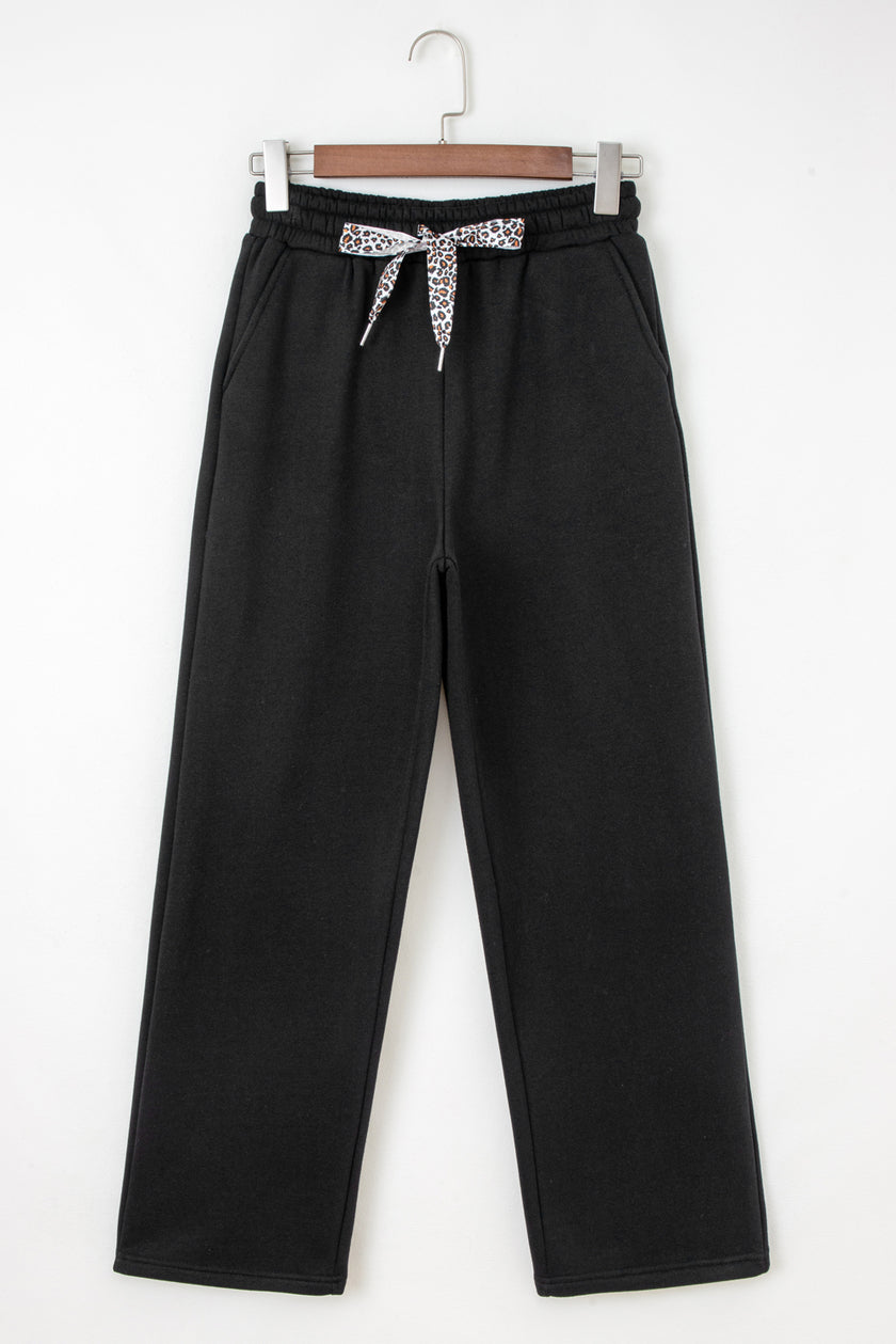 Black Fleece Lined Leopard Drawstring Elastic Waist Solid Pants