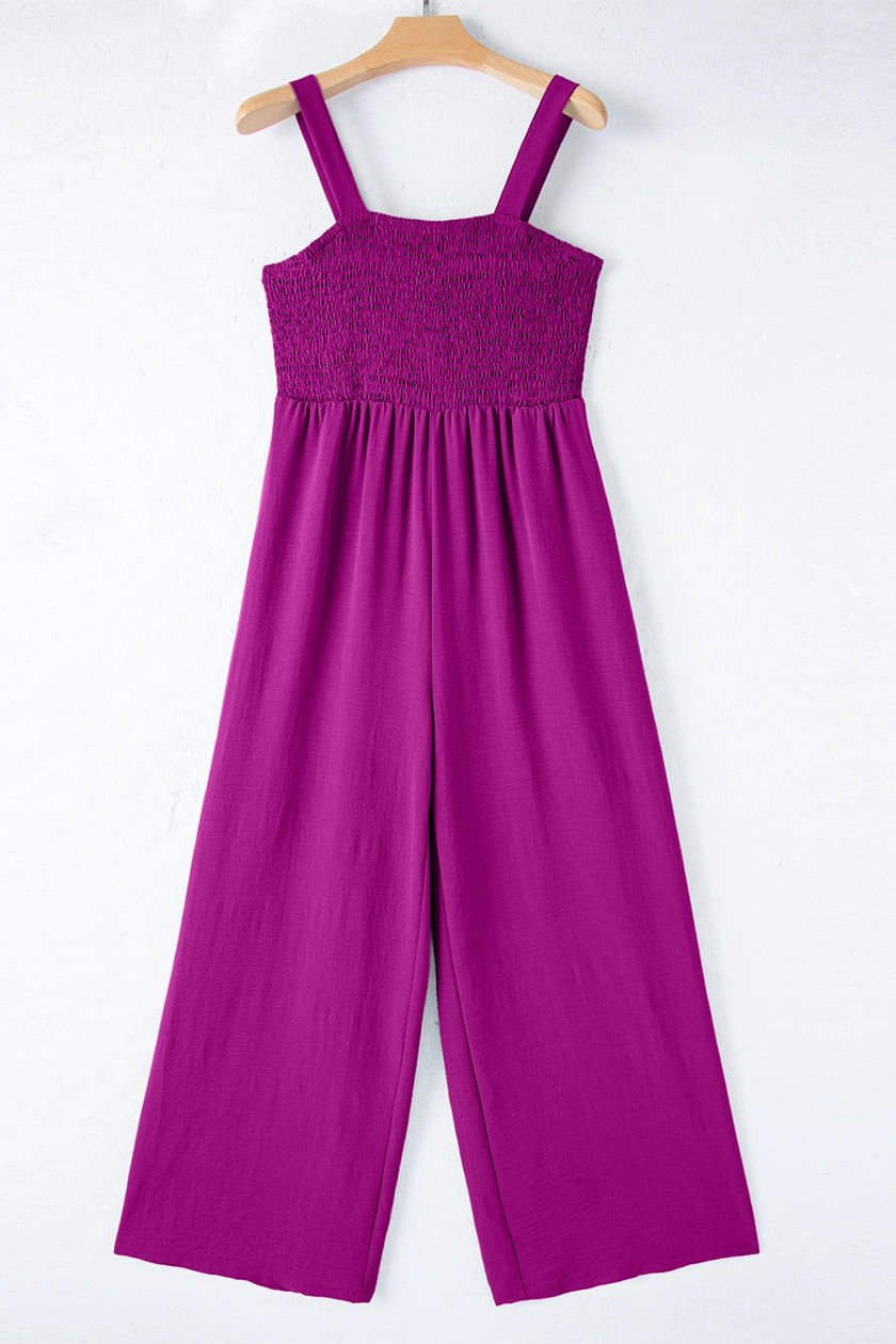 Peacock Blue Smocked Square Neck Sleeveless Jumpsuit with Pockets