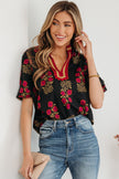 Black Floral Short Bubble Sleeve Contrast Slit Neckline Blouse