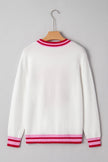 White Striped Trim Bow Graphic Round Neck Drop Shoulder Sweater