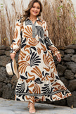 White Plus Size Abstract Print Contrast Collar Split Neck Shift Long Dress
