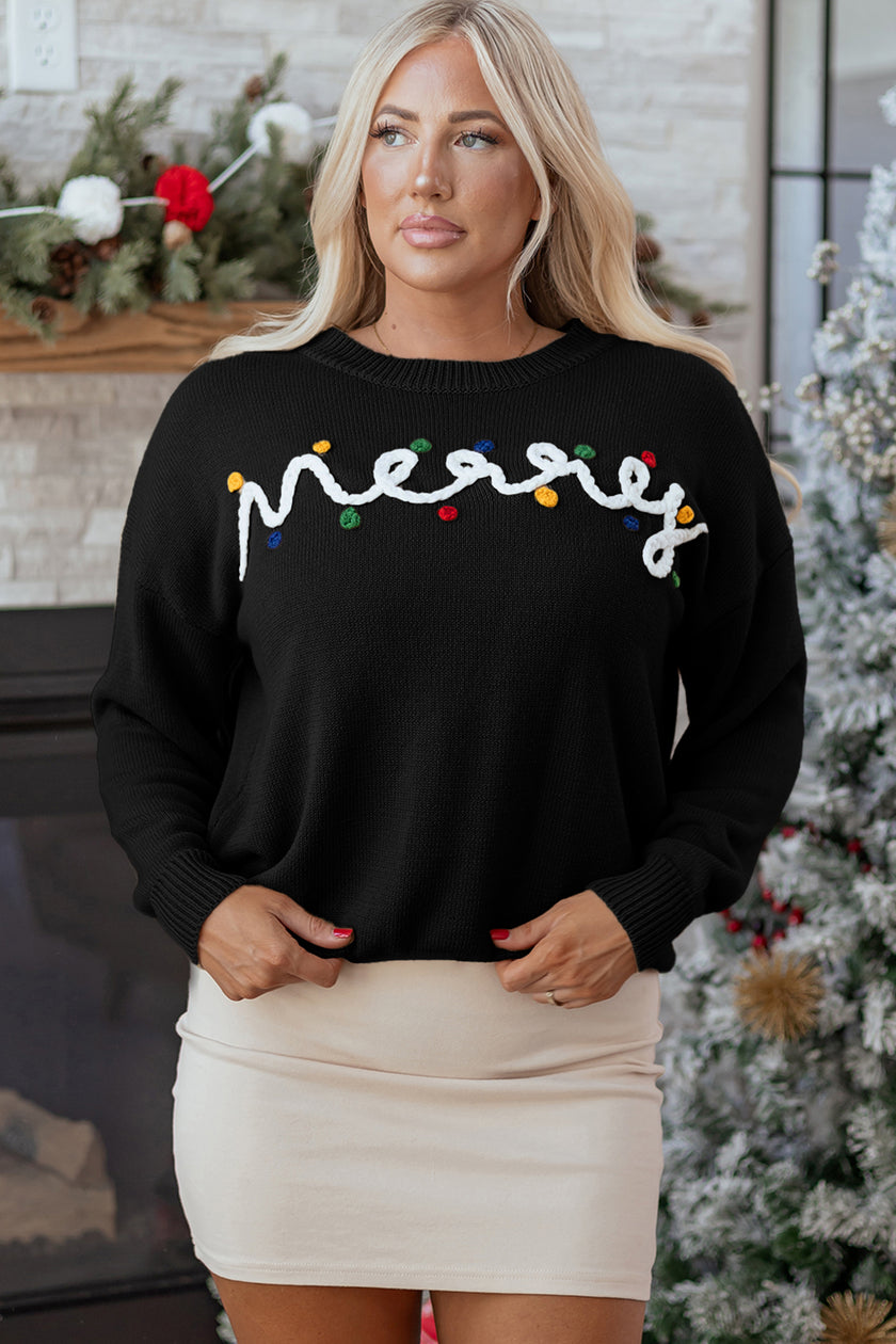 Smoke Gray Merry Colorful Dot Detail Christmas Drop Shoulder Sweater