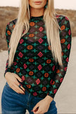 Black Western Aztec Printed Long Sleeve Mesh Top