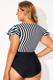 Black Stripe Plus Size Knot Cutout Ruffle Sleeve and High Waist Swimsuit Set
