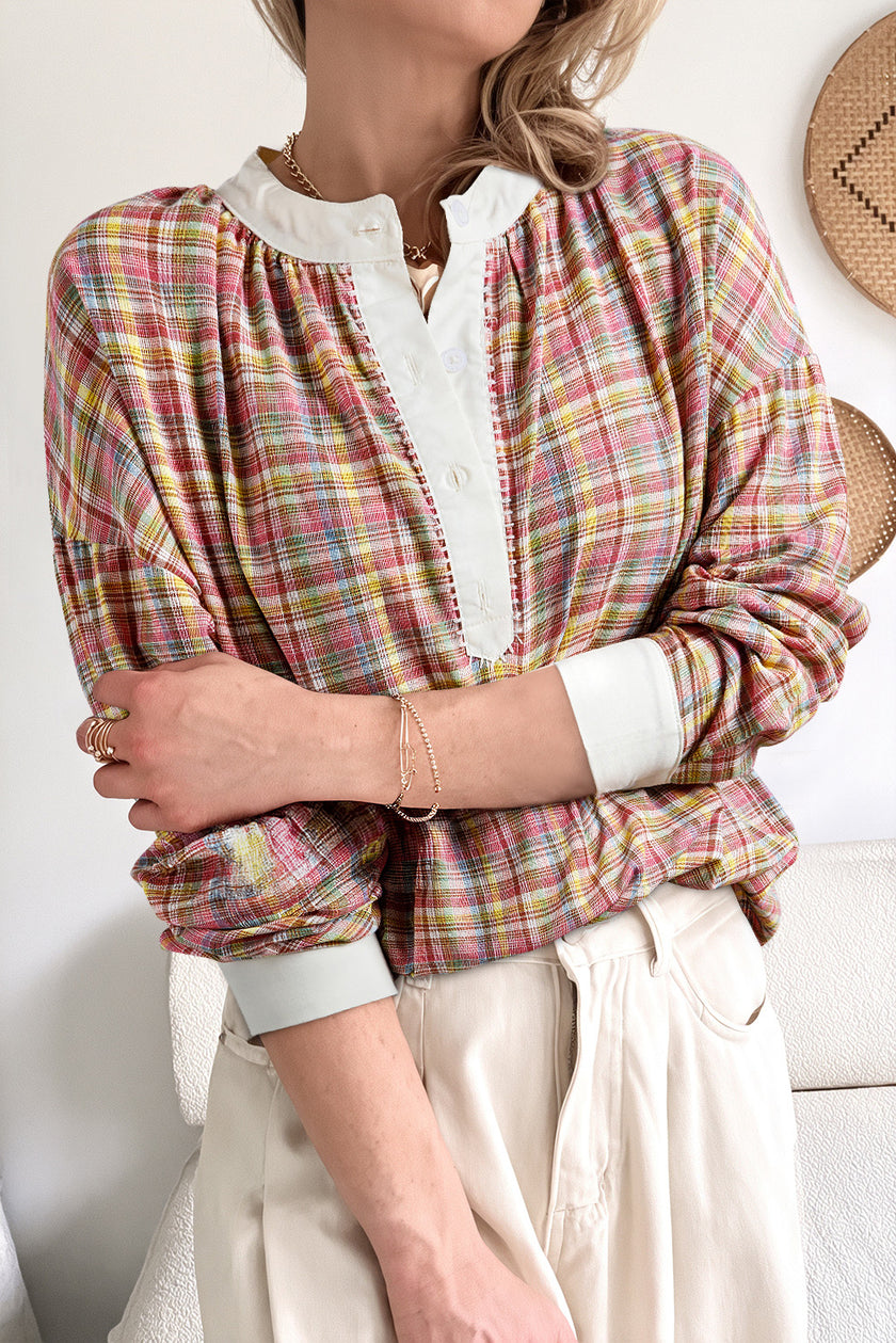 Ροζ μπλούζα Henley με καρό μοτίβο και σχέδιο patchwork