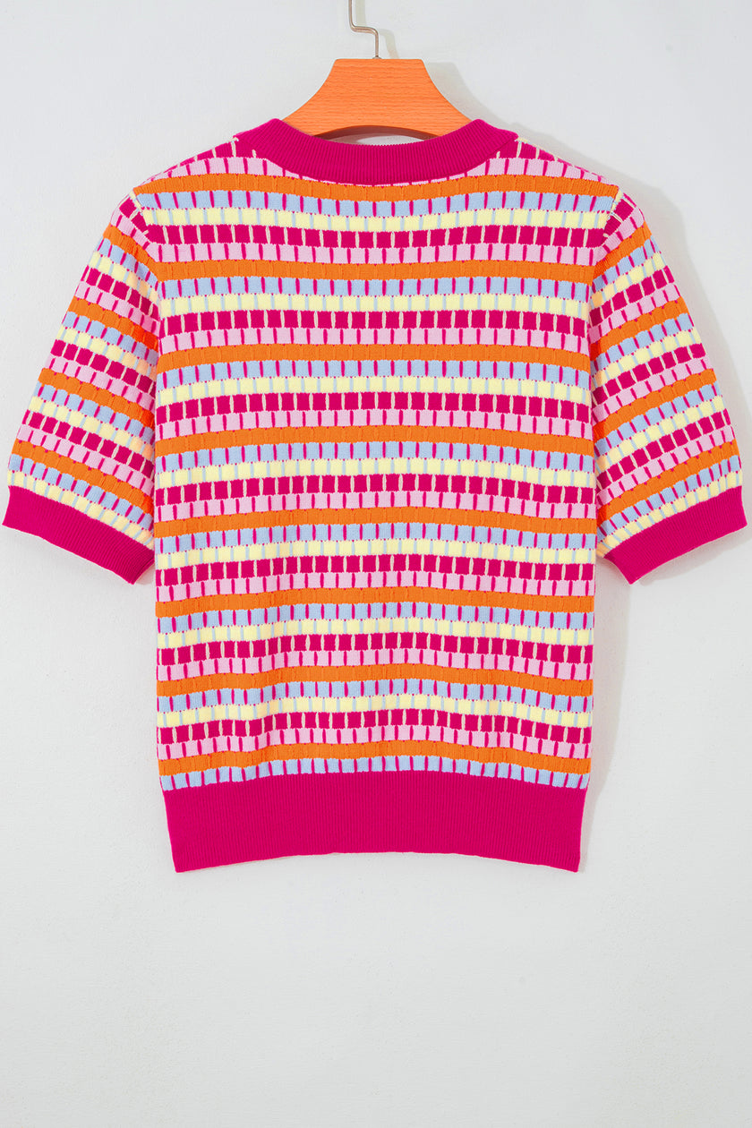 Purple Abstract Striped Knit Short Sleeve Sweater