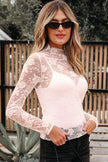 Apricot Pink Sheer Floral Lace Mesh Mock Neck Long Sleeve Top