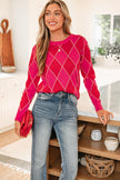 Rose Red Glitter Rhombus Pattern Knit Womens Casual Sweater