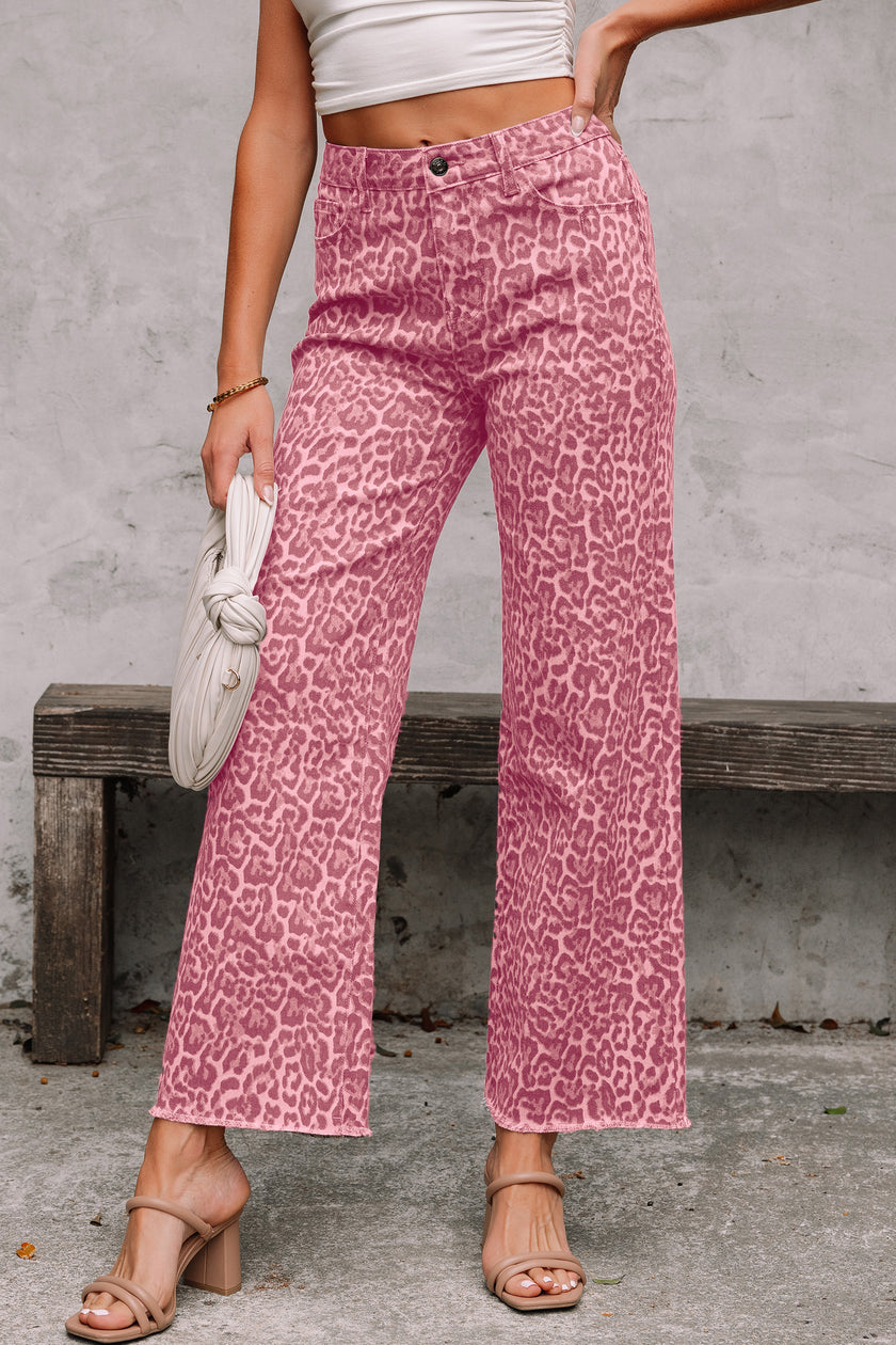 Brown Leopard Frayed Edge Wide Leg High Waist Jeans