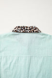 Sky Blue Stripe Leopard Contrast Collar Short Sleeve Shirt