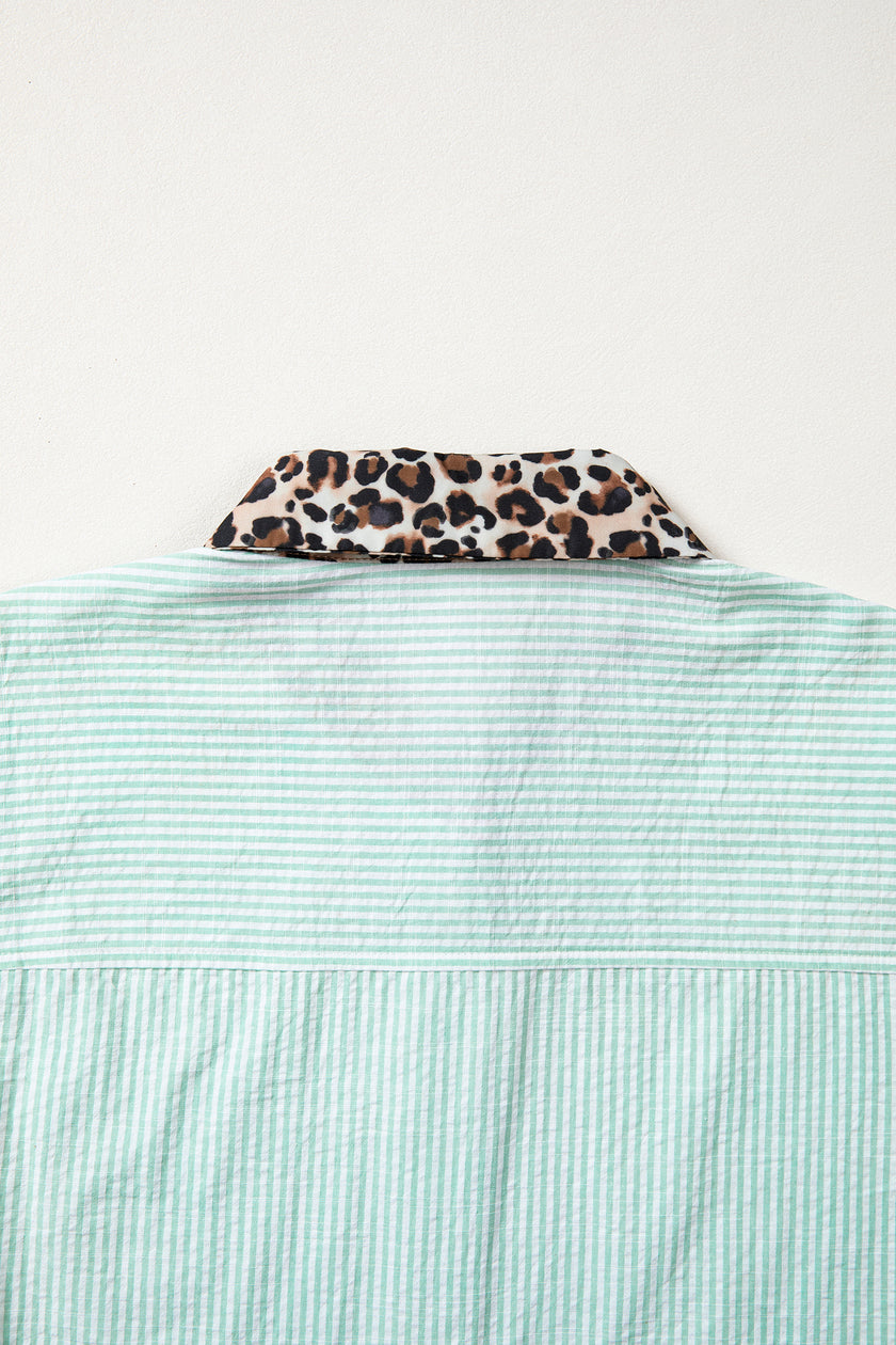 Sky Blue Stripe Leopard Contrast Collar Short Sleeve Shirt