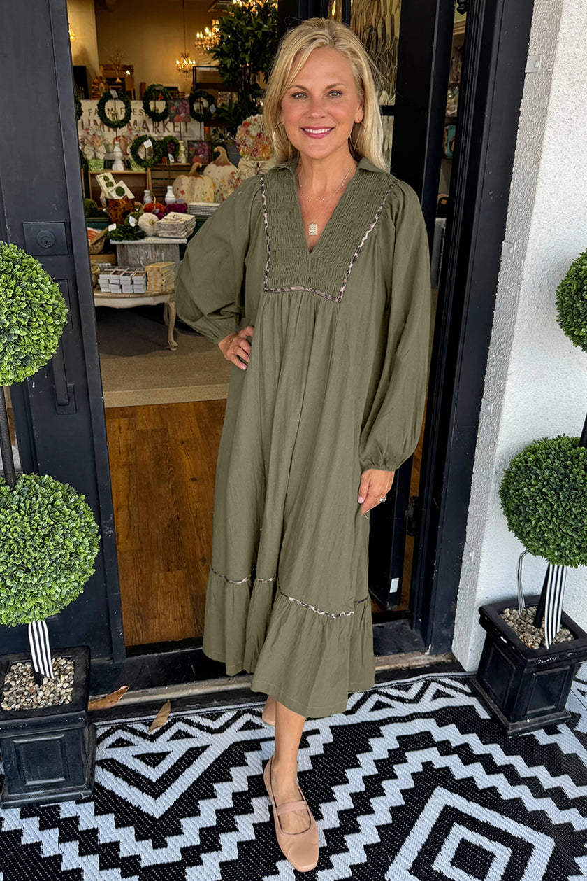 Black Collared V Neck Smocked Detail Contrast Leopard Trim Bracelet Sleeve Long Dress