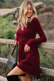 Red Dahlia Frilled Neck Ribbed Knit Patchwork Long Sleeve Mini Dress