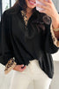 Black Contrast Leopard Print Patchwork Polo Collar Buttons Front Ruffled Long Sleeve Blouse