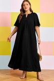 Black Plus Size Solid Color Notched Neck Short Sleeve Loose Dress