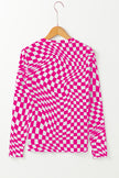 Black Checkered Pattern Mesh Mock Neck Long Sleeve Top