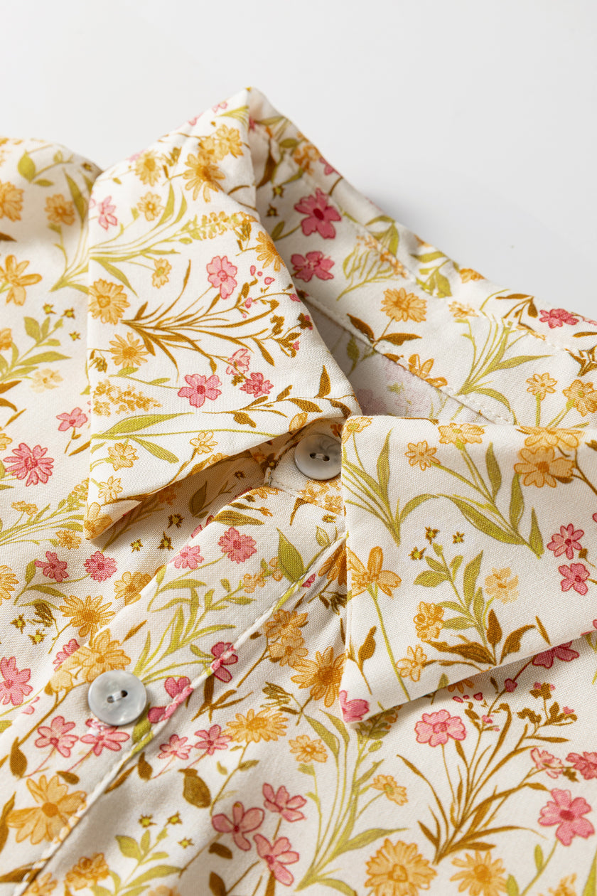 Yellow Floral Print Frilly Trim Smocked Cuff Long Sleeve Loose Shirt Dress