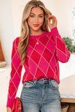 Rose Red Glitter Rhombus Pattern Knit Womens Casual Sweater