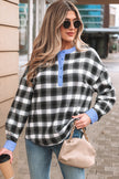 Black Contrast Striped Edge Half Placket Plaid Blouse
