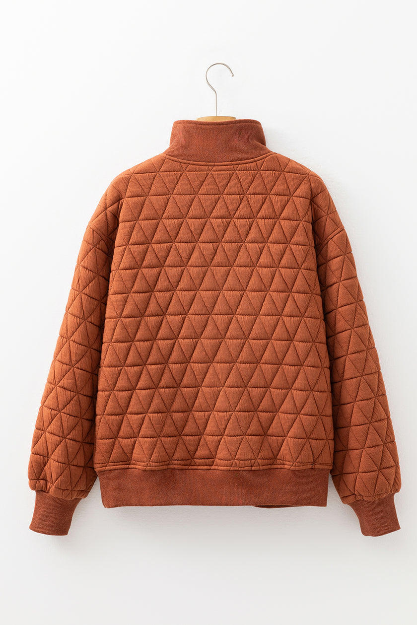 Straw Yellow Geometric Quilted Half Zipped Loose Sweatshirt