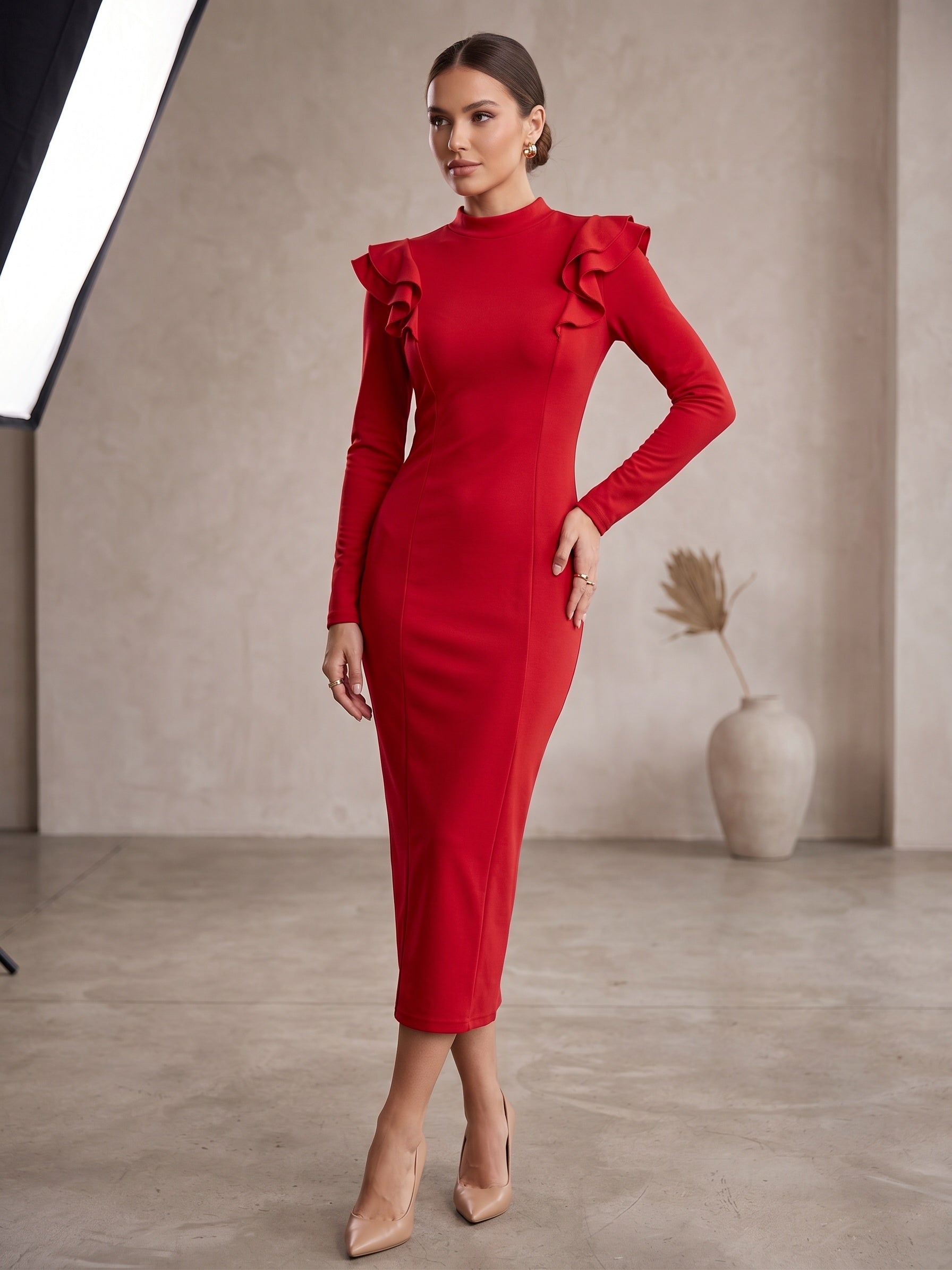Red Midi Bodycon Dress with Ruffle Shoulders & High Neck