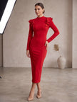 Red Midi Bodycon Dress with Ruffle Shoulders & High Neck
