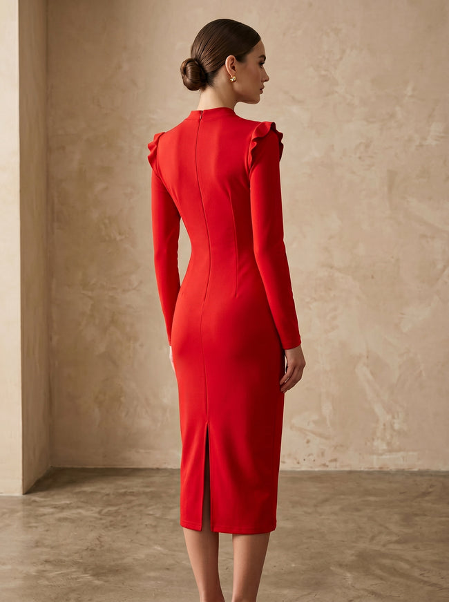 Red Midi Bodycon Dress with Ruffle Shoulders & High Neck