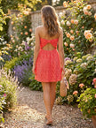 Coral Lace Strapless Mini Dress with Bow Back Detail