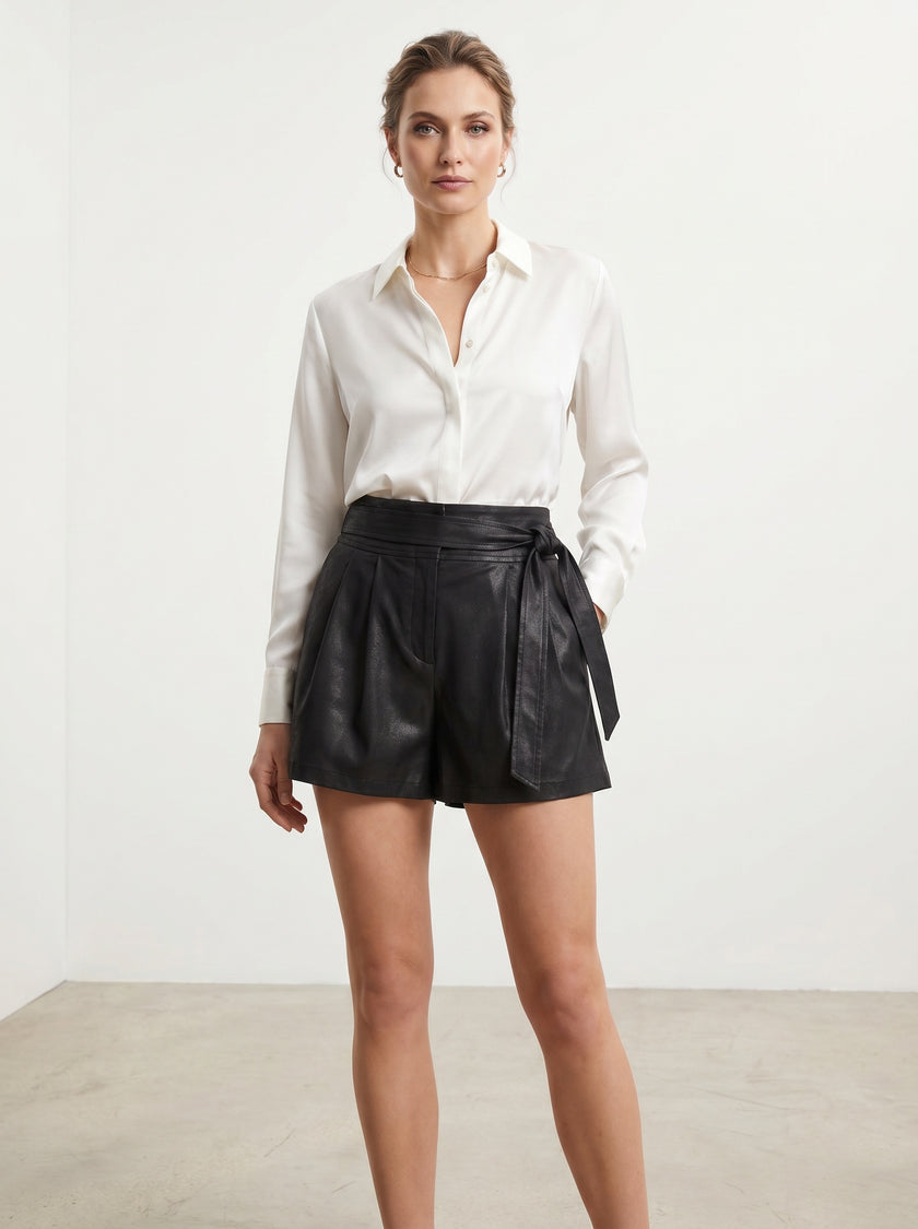 Faux Leather High-Waisted Shorts with Tie Belt – Black