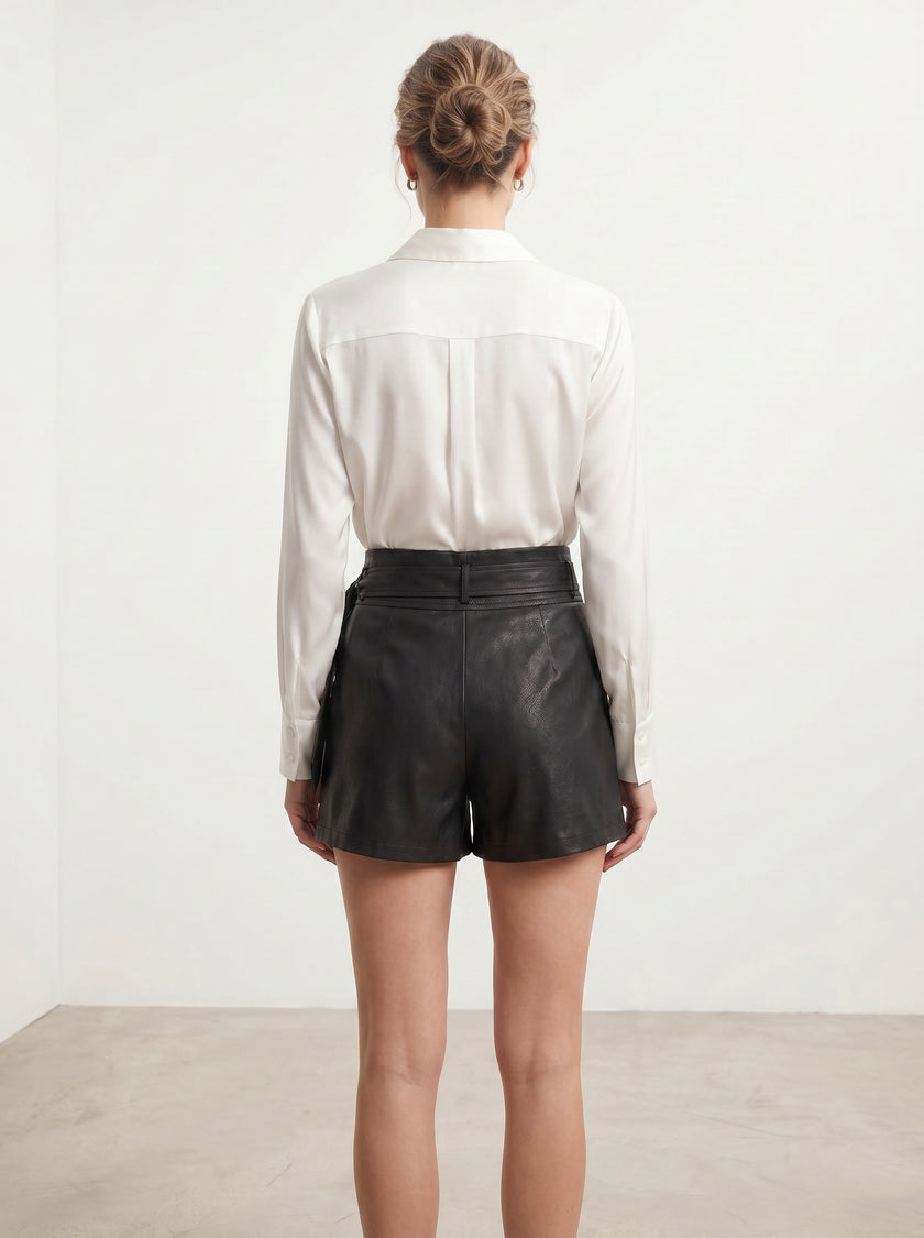Faux Leather High-Waisted Shorts with Tie Belt – Black