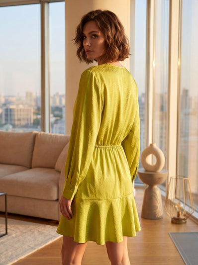 Lime Green Wrap Mini Dress with Ruffle Detail | Balloon Sleeve Party Dress