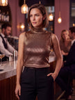 Bronze Metallic Sequin Turtleneck Sleeveless Top | Glam Party Top