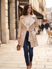 Beige Check Print Belted Trench Coat | Classic Parisian Style Coat
