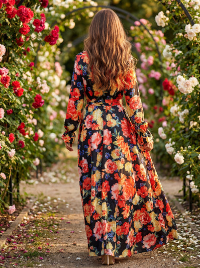 Black Floral Maxi Dress | Bold Botanical Print Wrap Dress with Long Sleeves