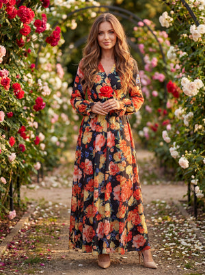 Black Floral Maxi Dress | Bold Botanical Print Wrap Dress with Long Sleeves