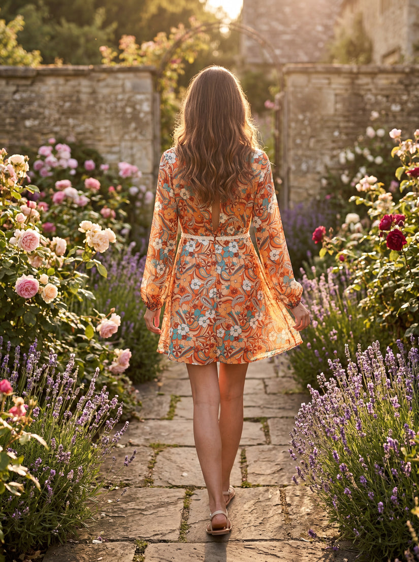 Orange Retro Floral Mini Dress | 70s Paisley Print with Crochet Detail & Long Sleeves
