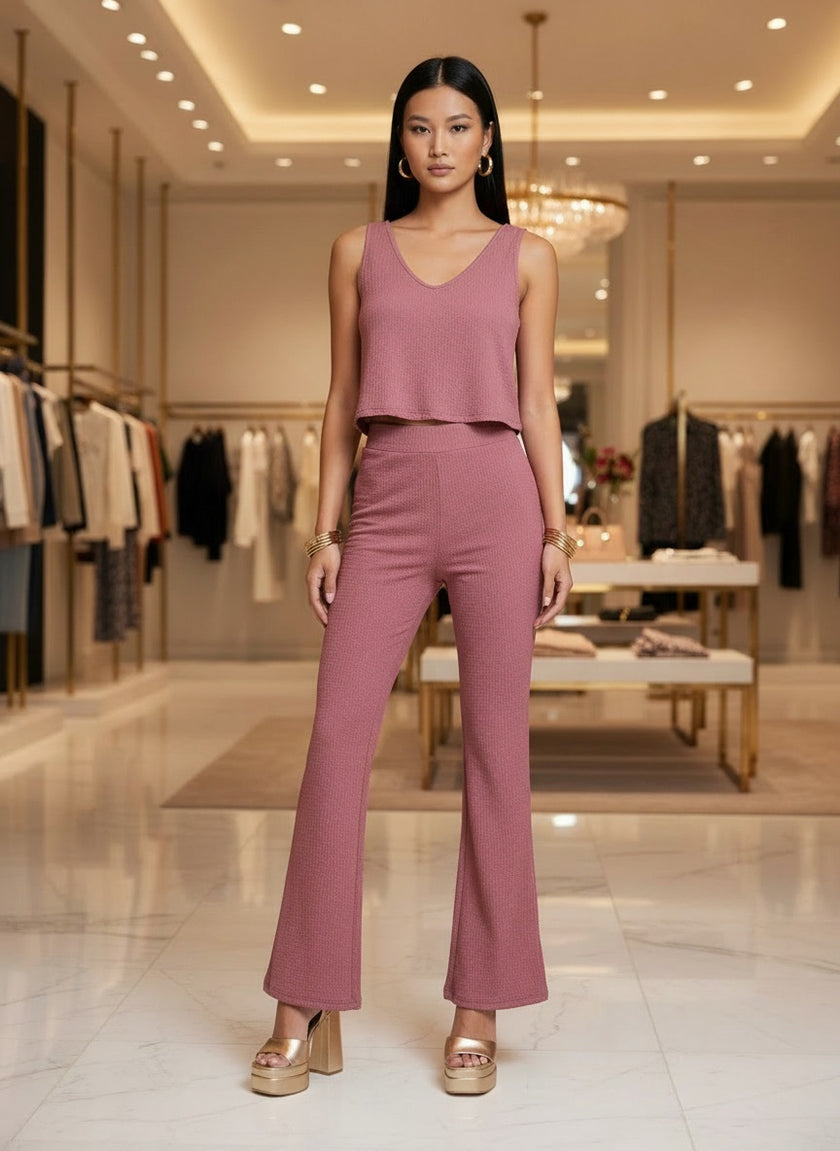 Dusty Rose Ribbed Co-ord Set | Crop Top & High Waist Flare Trousers