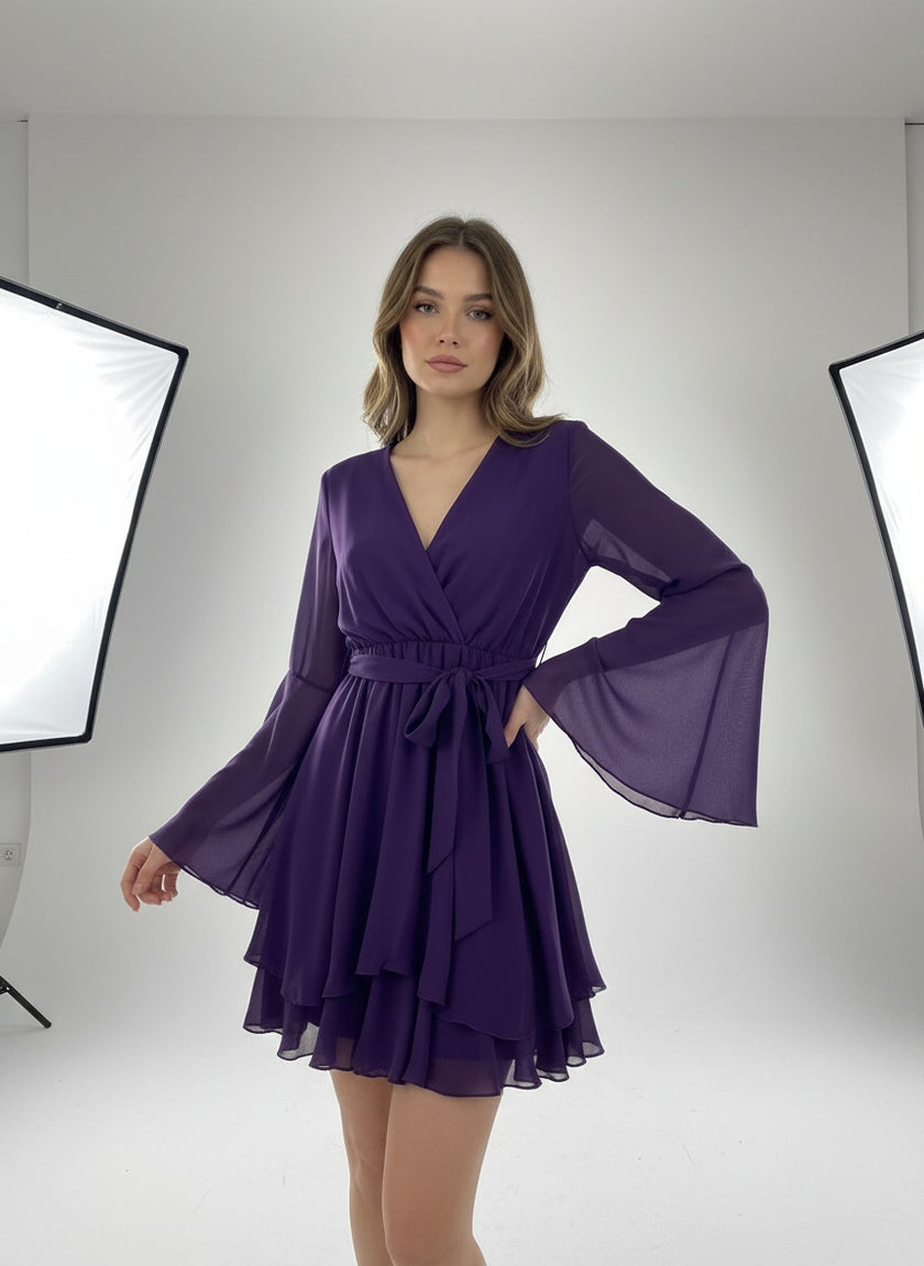 Purple Chiffon Wrap Mini Dress | Bell Sleeve Tiered Ruffle Skirt with Tie Waist