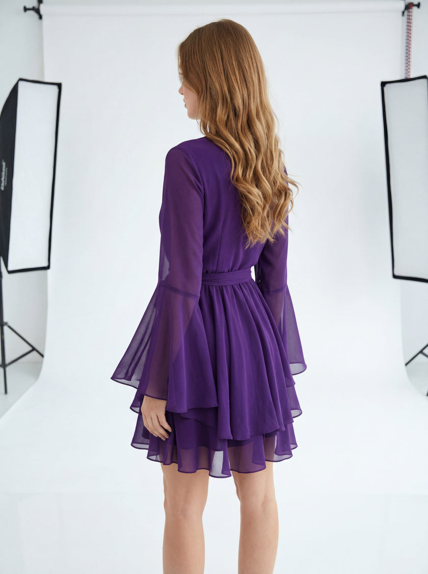 Purple Chiffon Wrap Mini Dress | Bell Sleeve Tiered Ruffle Skirt with Tie Waist