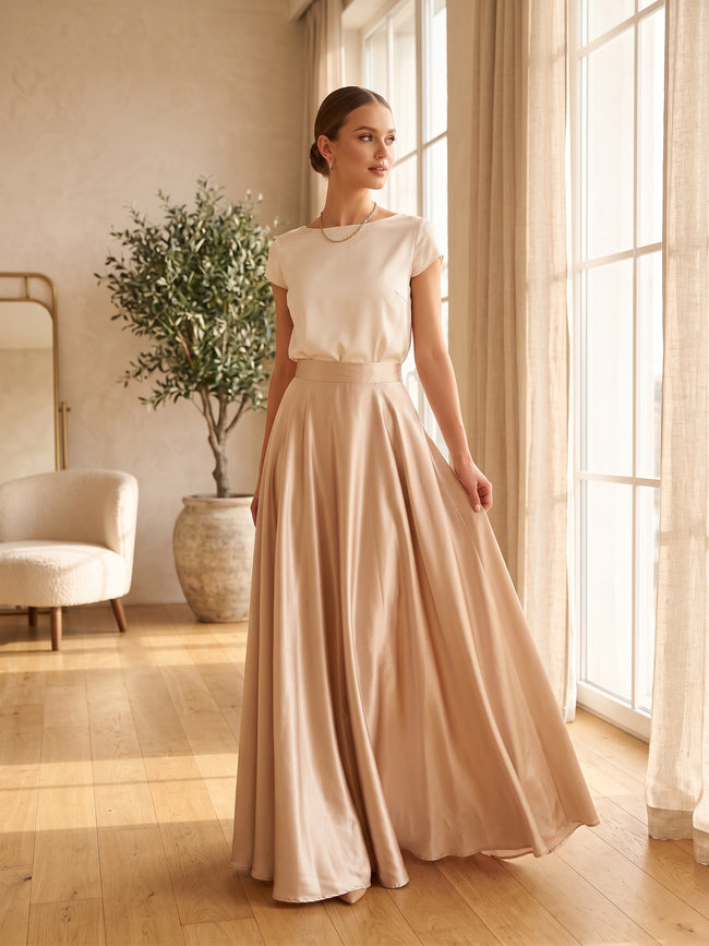 Champagne Satin Maxi Skirt – High-Waisted A-Line with Flowy Hem