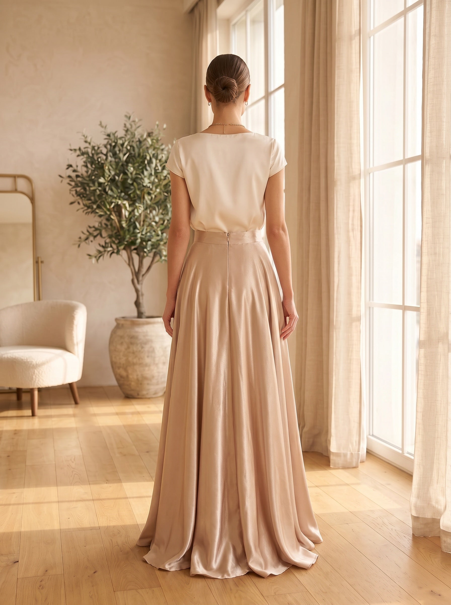 Champagne Satin Maxi Skirt – High-Waisted A-Line with Flowy Hem
